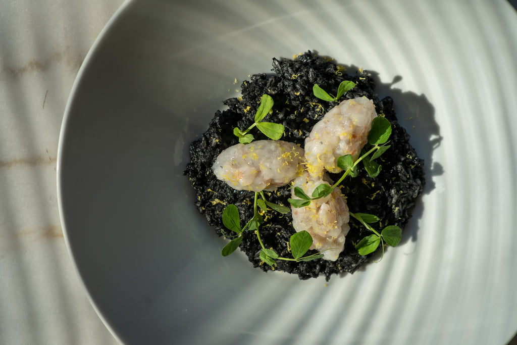 Squid Ink Risotto with Lemon Shrimp Tartare